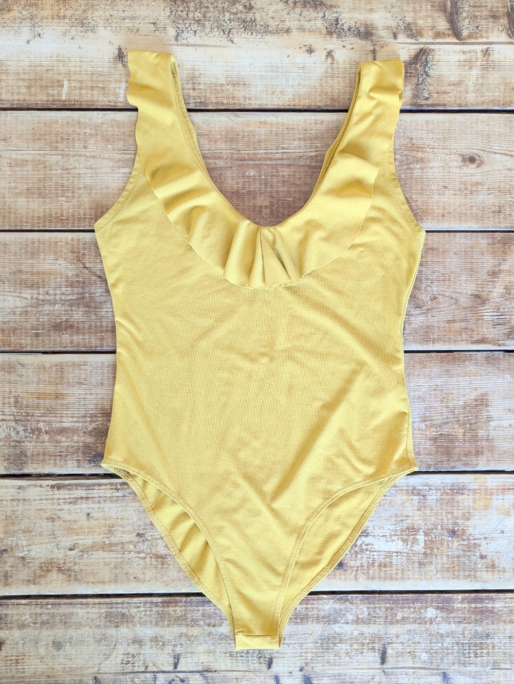 Mustard Yellow Ribbed Ruffle Neck Sleeveless Stretch Bodysuit S
